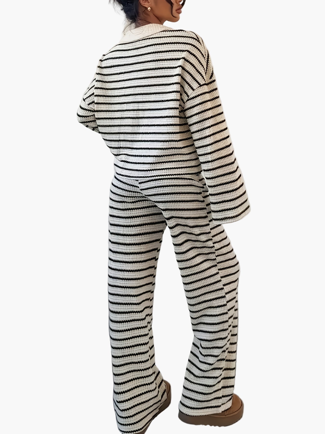 Dam Set Lounge Wear Randig Långärmad Tröja och Vida Byxor Bekvämt Höst/Vinter