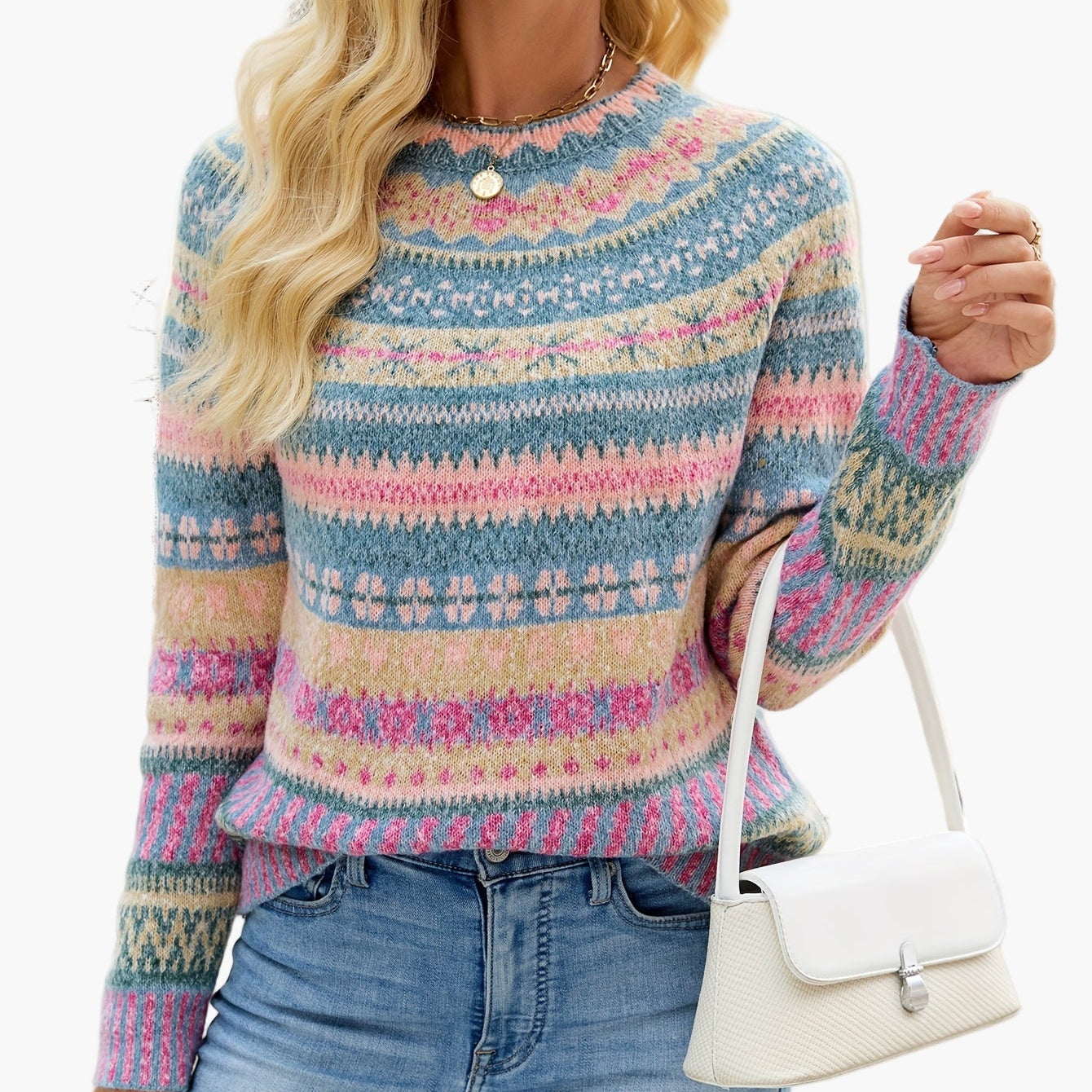 Dam Tröja Elegant Mönstrad Stickad Pullover för Höst och Vinter