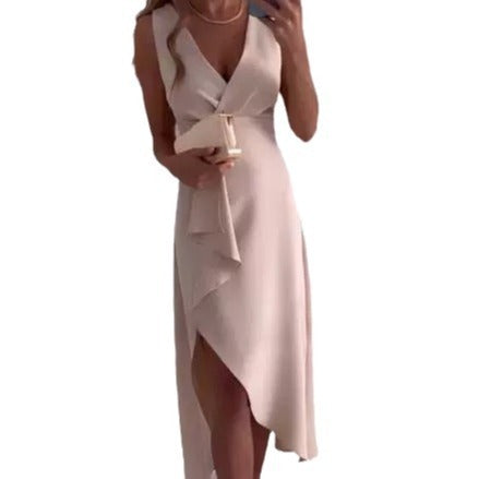 Dam Klänning Elegant Asymmetrisk V-ringad Festklänning för Bröllop och Särskilda Tillfällen