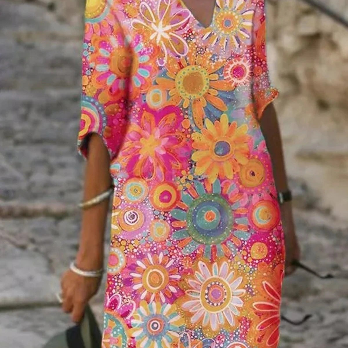 Tanya – Blå Högkvalitativ A-linje Klänning med Mönster