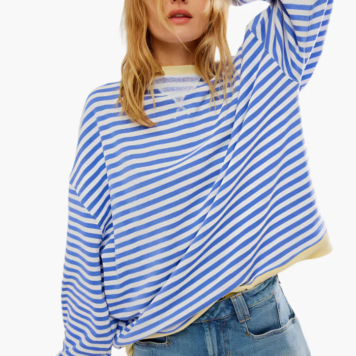 Damtröja Oversized Randig Sweatshirt för Höst – Avslappnad och Trendig Stickad Top