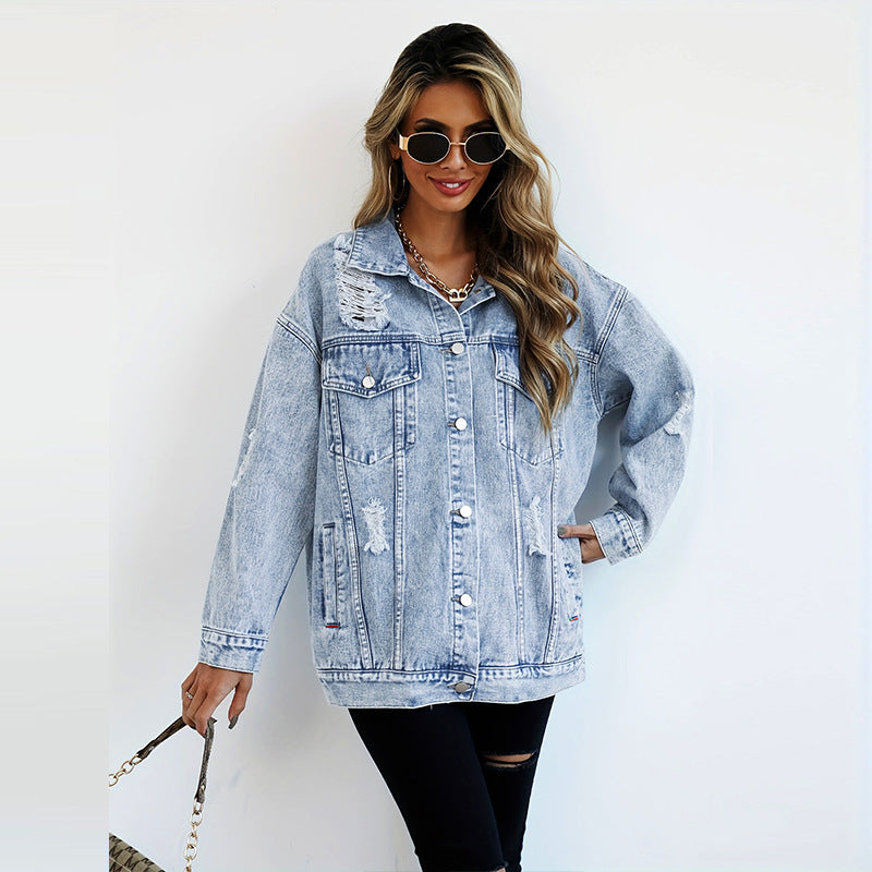 Spencer – Fashion Denim Jacket Boyfriend-stil med Rivningar
