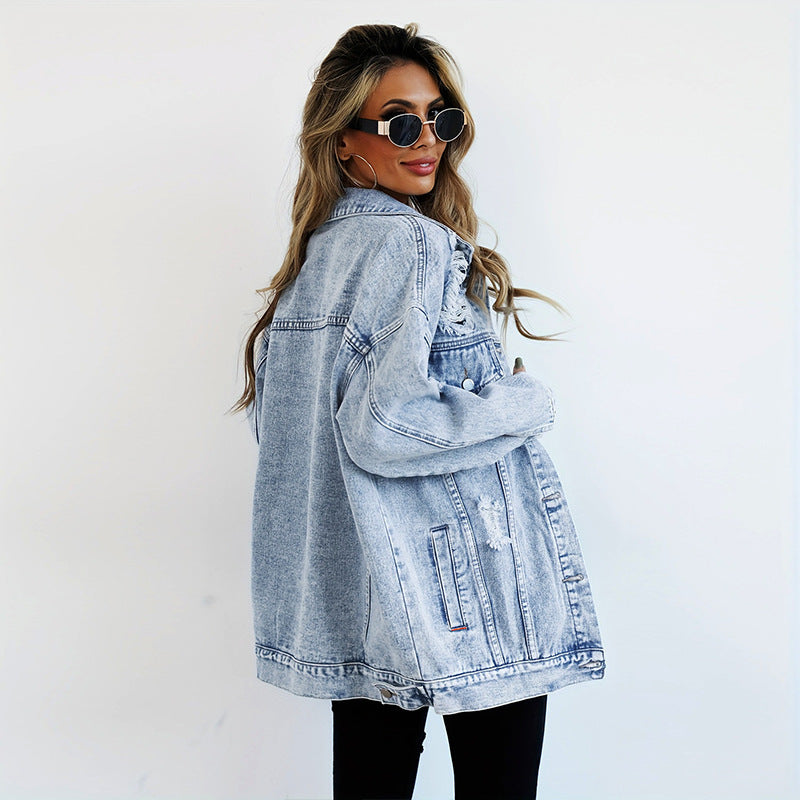 Spencer – Fashion Denim Jacket Boyfriend-stil med Rivningar