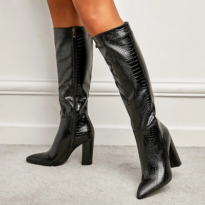 Women’s Knee-High Block Heel Boots - Pointed Toe Croc-Effect