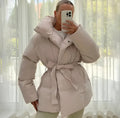 Women’s Belted Puffer Jacket - Oversized Collar Winter Coat