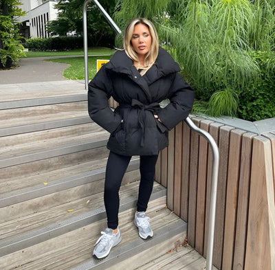 Women’s Belted Puffer Jacket - Oversized Collar Winter Coat