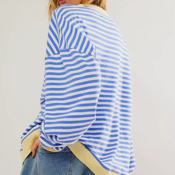 Damtröja Oversized Randig Sweatshirt för Höst – Avslappnad och Trendig Stickad Top