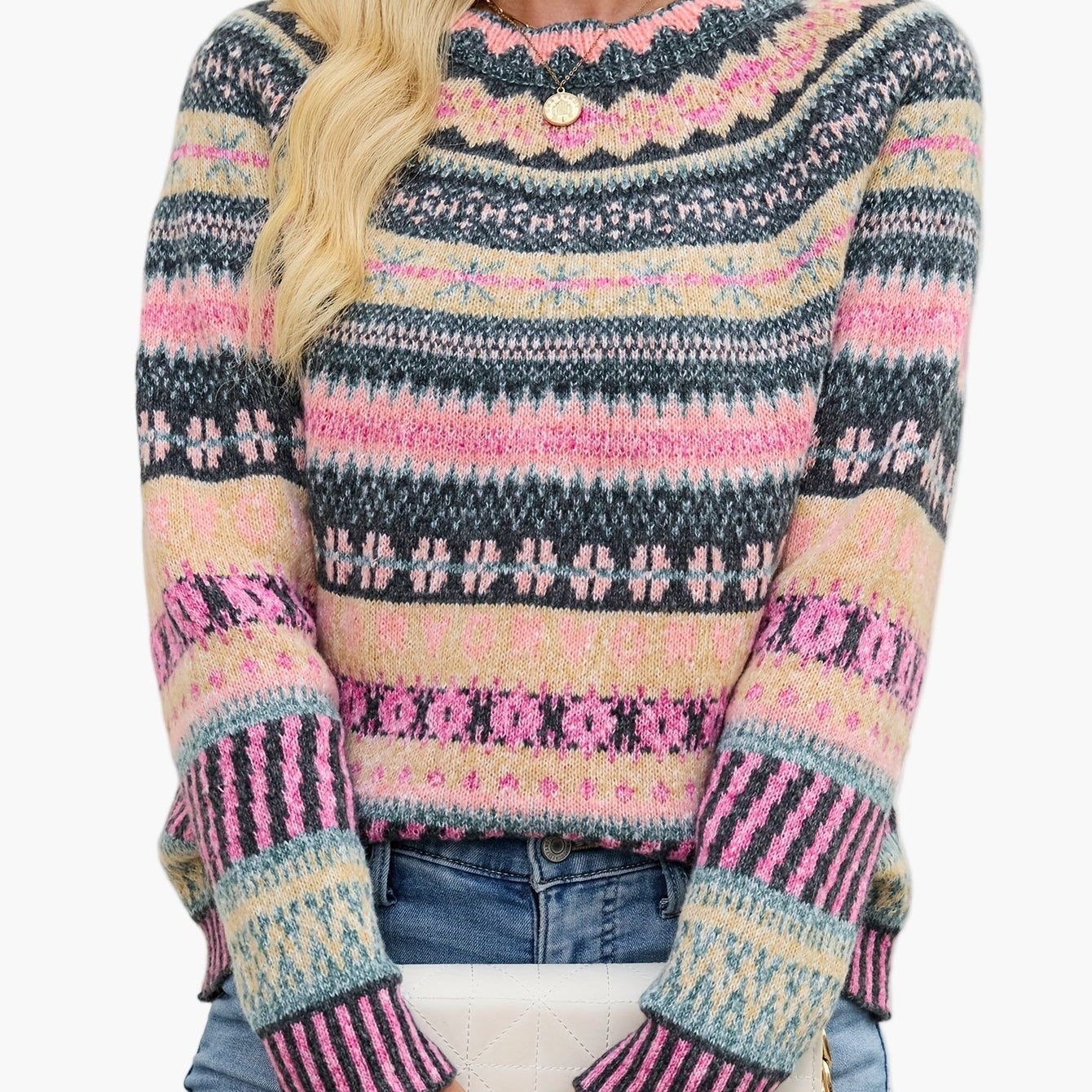 Dam Tröja Elegant Mönstrad Stickad Pullover för Höst och Vinter