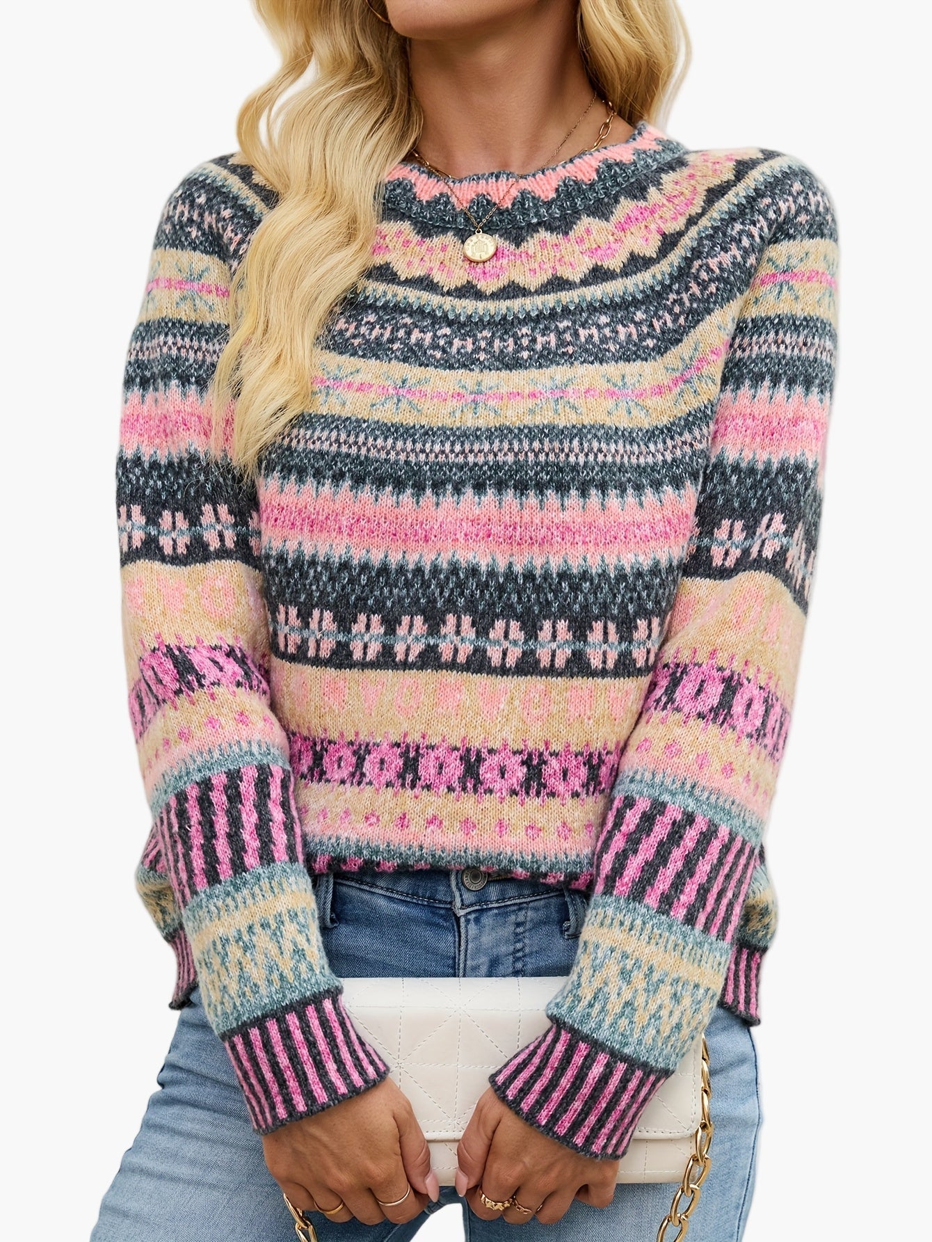 Dam Tröja Elegant Mönstrad Stickad Pullover för Höst och Vinter