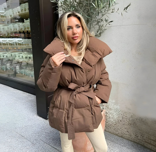 Women’s Belted Puffer Jacket - Oversized Collar Winter Coat