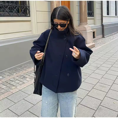 Oversized High-Neck Coat - Asymmetric Button Closure