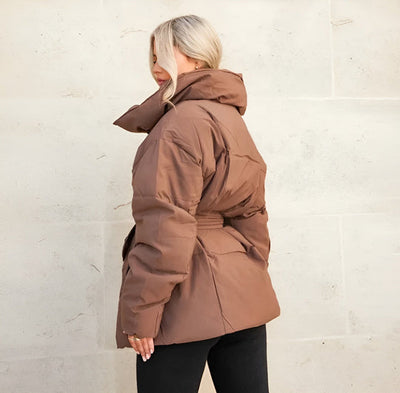 Women’s Belted Puffer Jacket - Oversized Collar Winter Coat