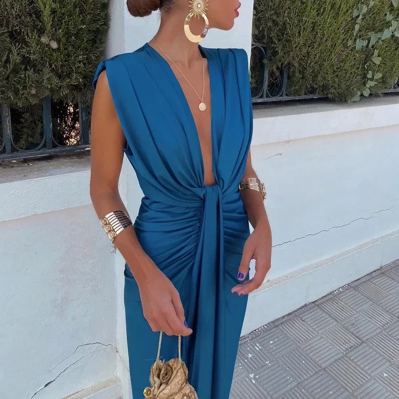 Dam Klänning Elegant Djup V-ringning Plisserad Fest- och Sommarklänning