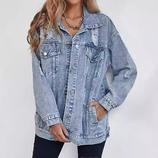 Spencer – Fashion Denim Jacket Boyfriend-stil med Rivningar