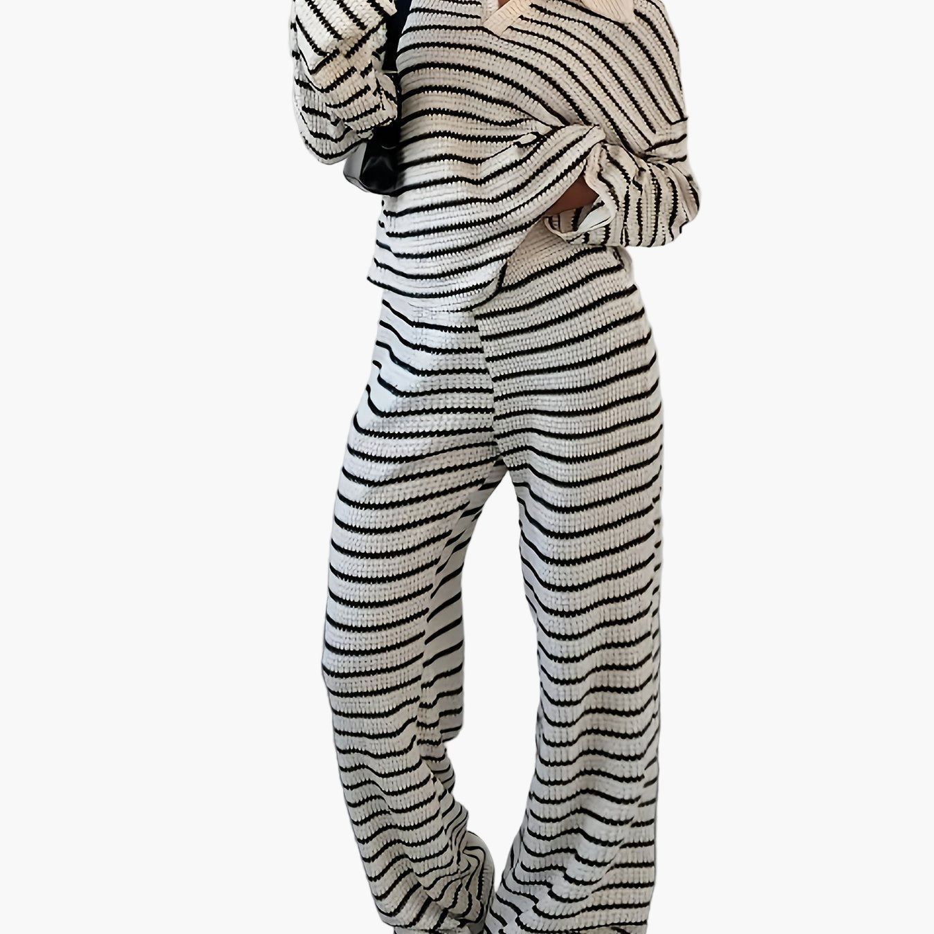 Dam Set Lounge Wear Randig Långärmad Tröja och Vida Byxor Bekvämt Höst/Vinter