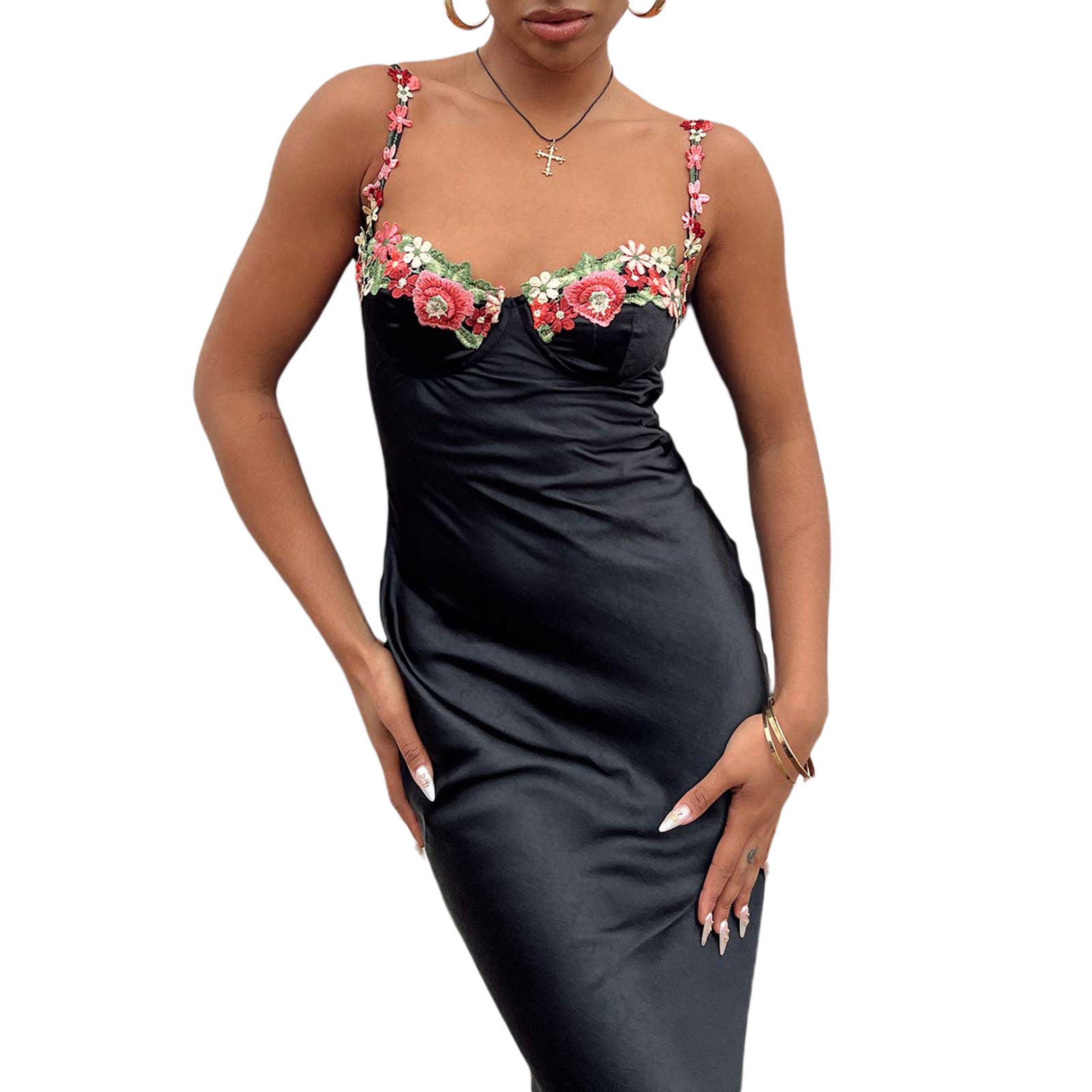 Dam Klänning Elegant Maxiklänning Med Broderad Spets och Satin – Fest & Sommarstil