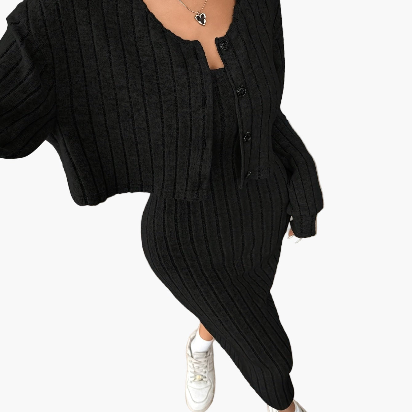 Dam Set med Kjol och Kofta – Elegant Ribbad Stickad Outfit för Vardag och Fritid