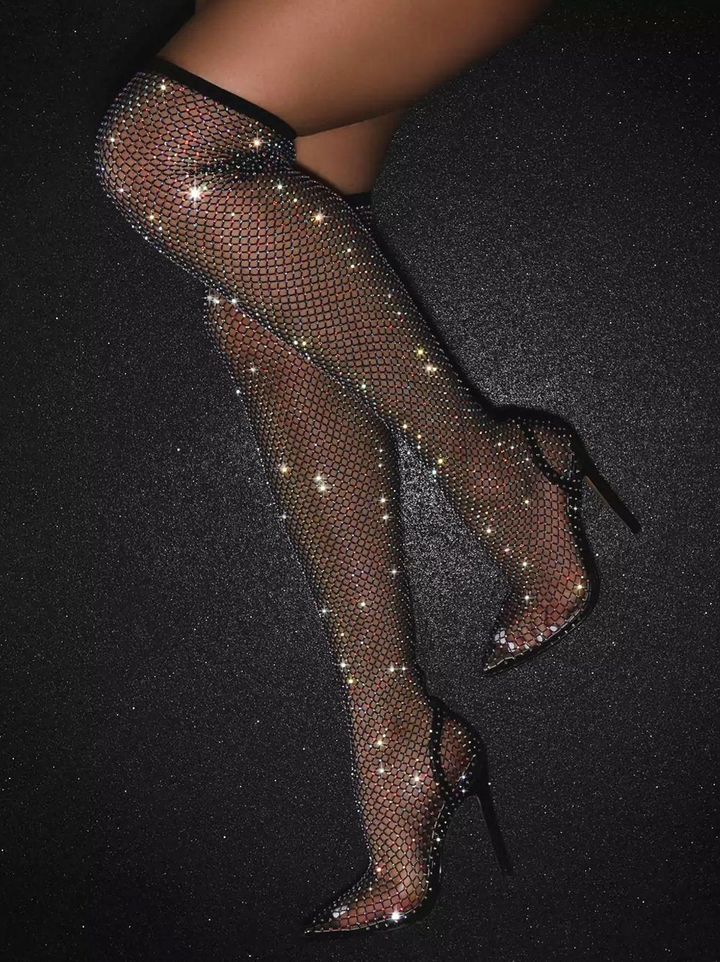 Women’s Rhinestone Thigh-High Stiletto Boots - Pointed Toe Over-the-Knee