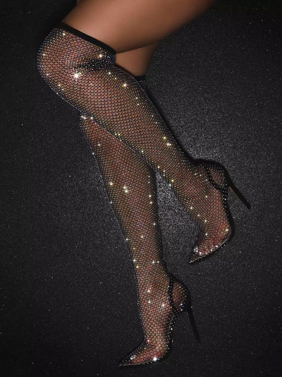 Women’s Rhinestone Thigh-High Stiletto Boots - Pointed Toe Over-the-Knee