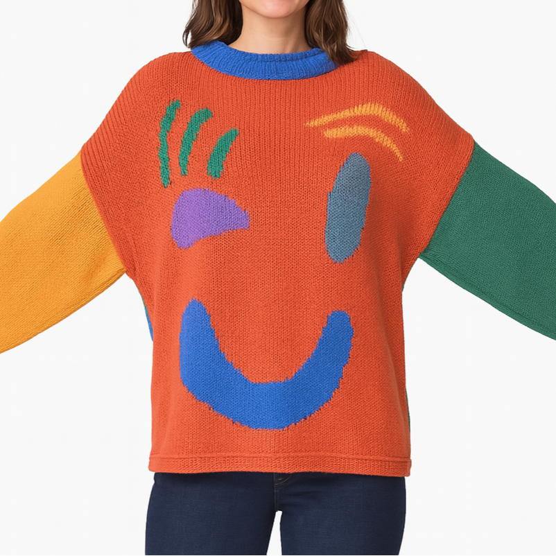 Unisex stickad tröja med konstnärligt smiley-motiv för avslappnad stil och vardagskomfort