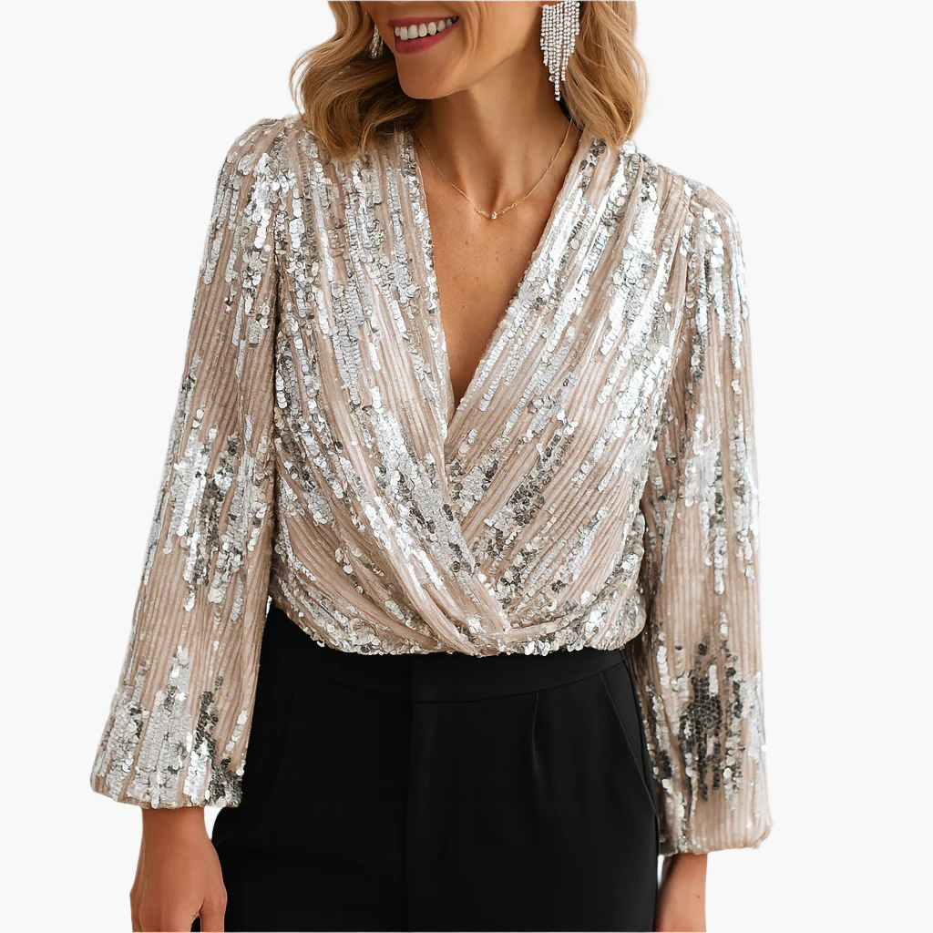 Dam Paljettopp med Lång Ärms V-Ringad Elegant Festtop – Vintage Stil för Kvinnor