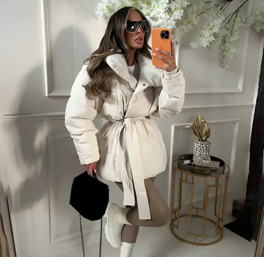 Women’s Belted Puffer Jacket - Oversized Collar Winter Coat