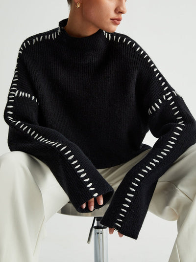 Women’s Whipstitch Knit Sweater – Contrast Stitch Oversized Pullover