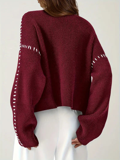 Women’s Whipstitch Knit Sweater – Contrast Stitch Oversized Pullover