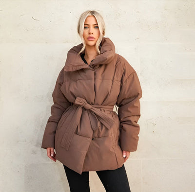 Women’s Belted Puffer Jacket - Oversized Collar Winter Coat