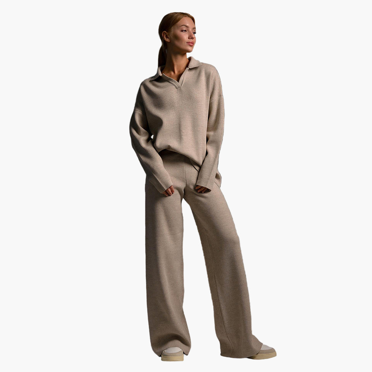 Dam Lounge Set – Avslappnad Oversized Tröja med Krage & Vida Byxor – Perfekt för Hemma eller Casual