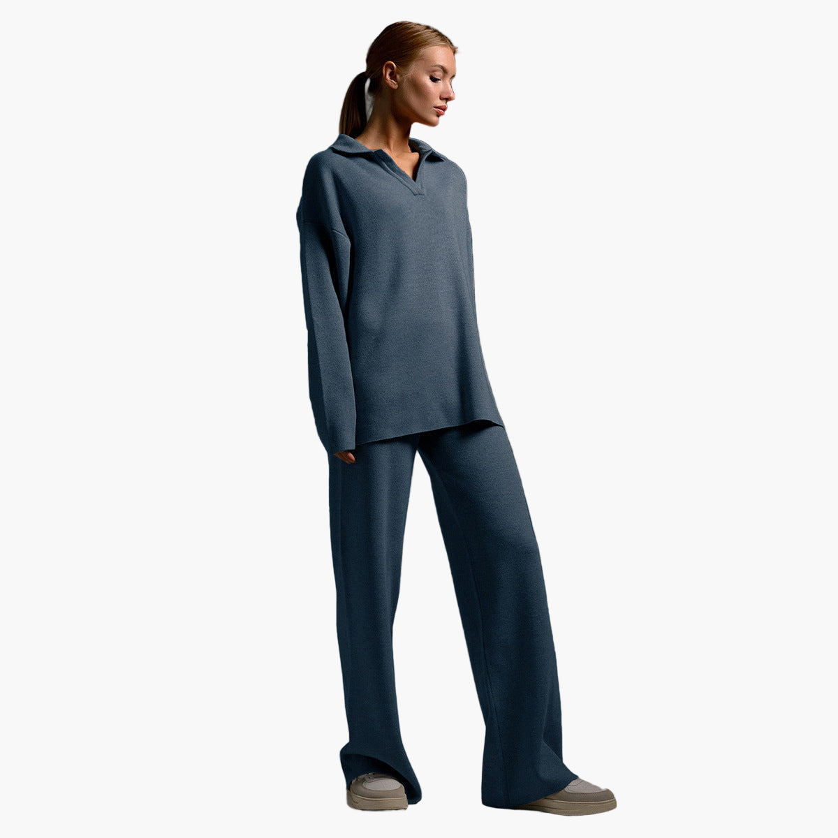 Dam Lounge Set – Avslappnad Oversized Tröja med Krage & Vida Byxor – Perfekt för Hemma eller Casual