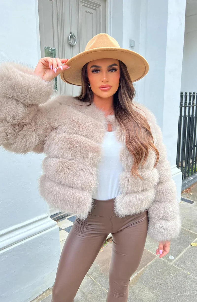 Women’s Faux Fur Puffer Jacket – Short Plush Winter Coat