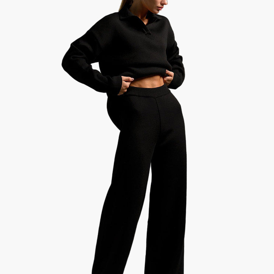 Dam Lounge Set – Avslappnad Oversized Tröja med Krage & Vida Byxor – Perfekt för Hemma eller Casual