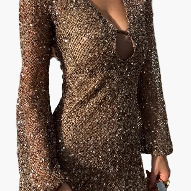 Damklänning för fest med djup v-ringning och paljetter – elegant aftonklänning