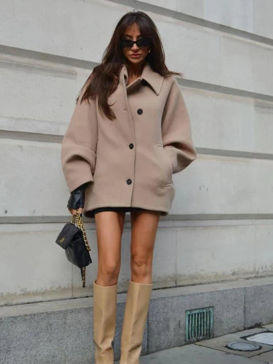 Women’s Oversized Button-Front Coat – Wide Sleeve Short Jacket