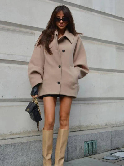 Women’s Oversized Button-Front Coat – Wide Sleeve Short Jacket