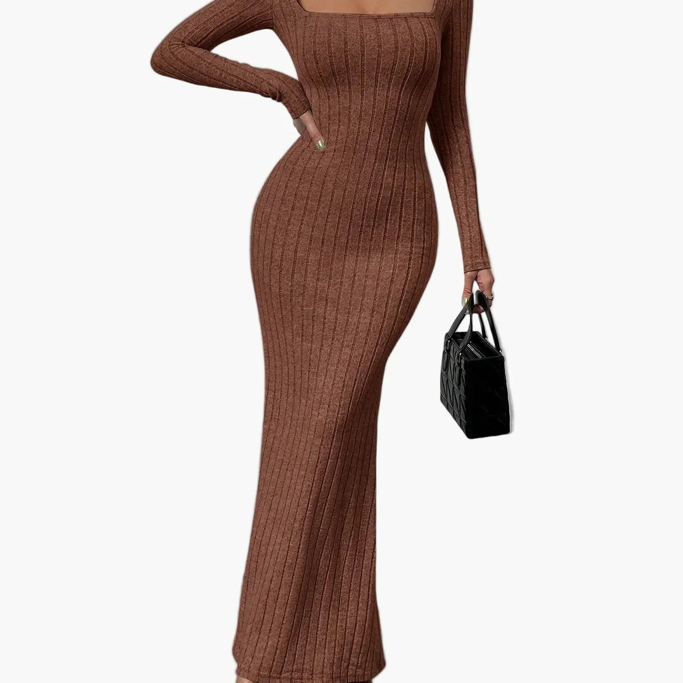 Damers stickad långärmad bodycon maxiklänning – elegant vardagsklänning