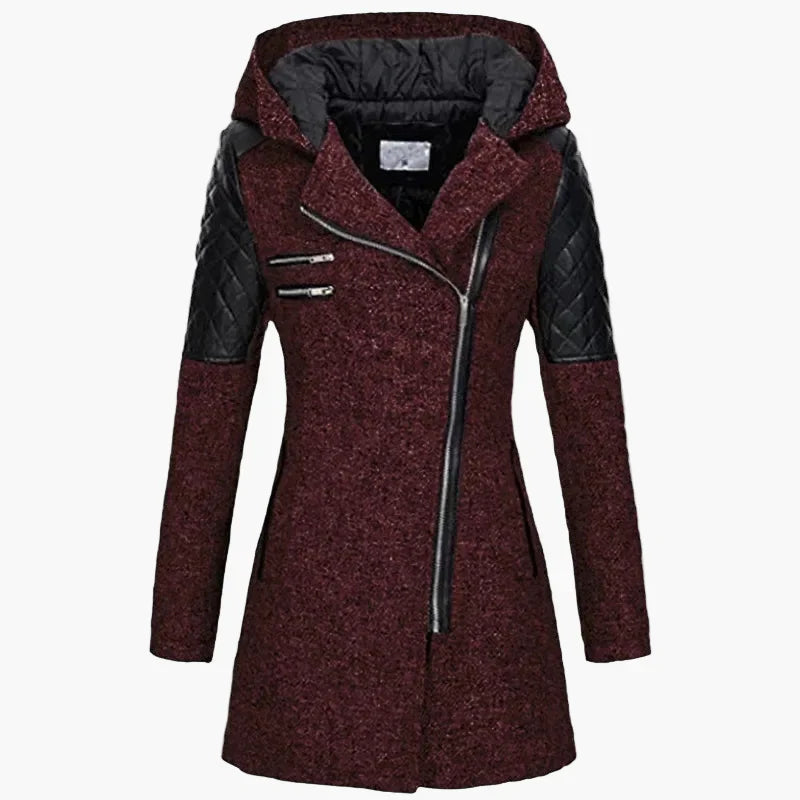 Dam lång vinterjacka med huva och modern asymmetrisk dragkedja – Elegant höst- och vinterrock