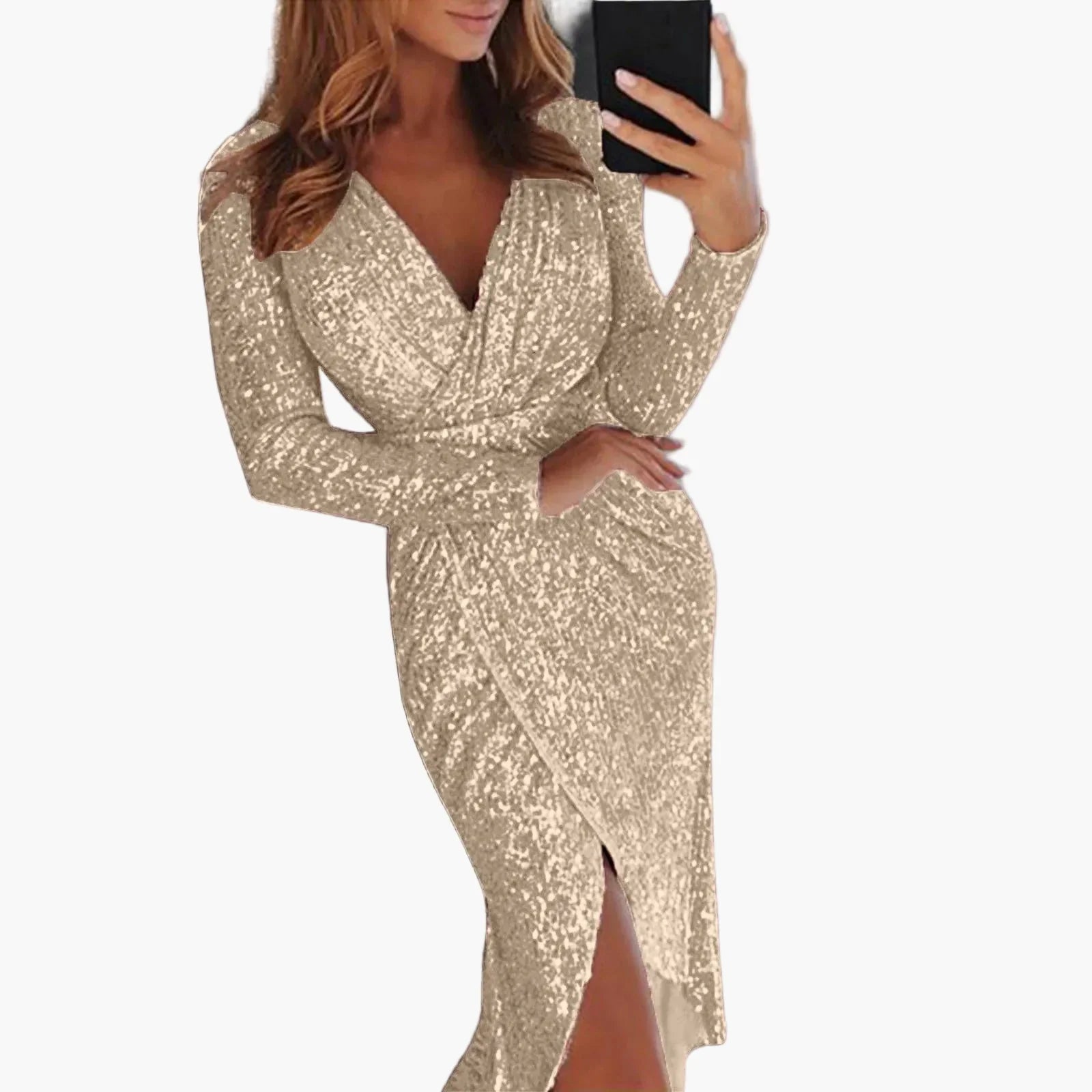 Dam Elegant Djup V-ringad Paljettklänning Med Omlott och Långa Ärmar För Fest och Kvällsbruk