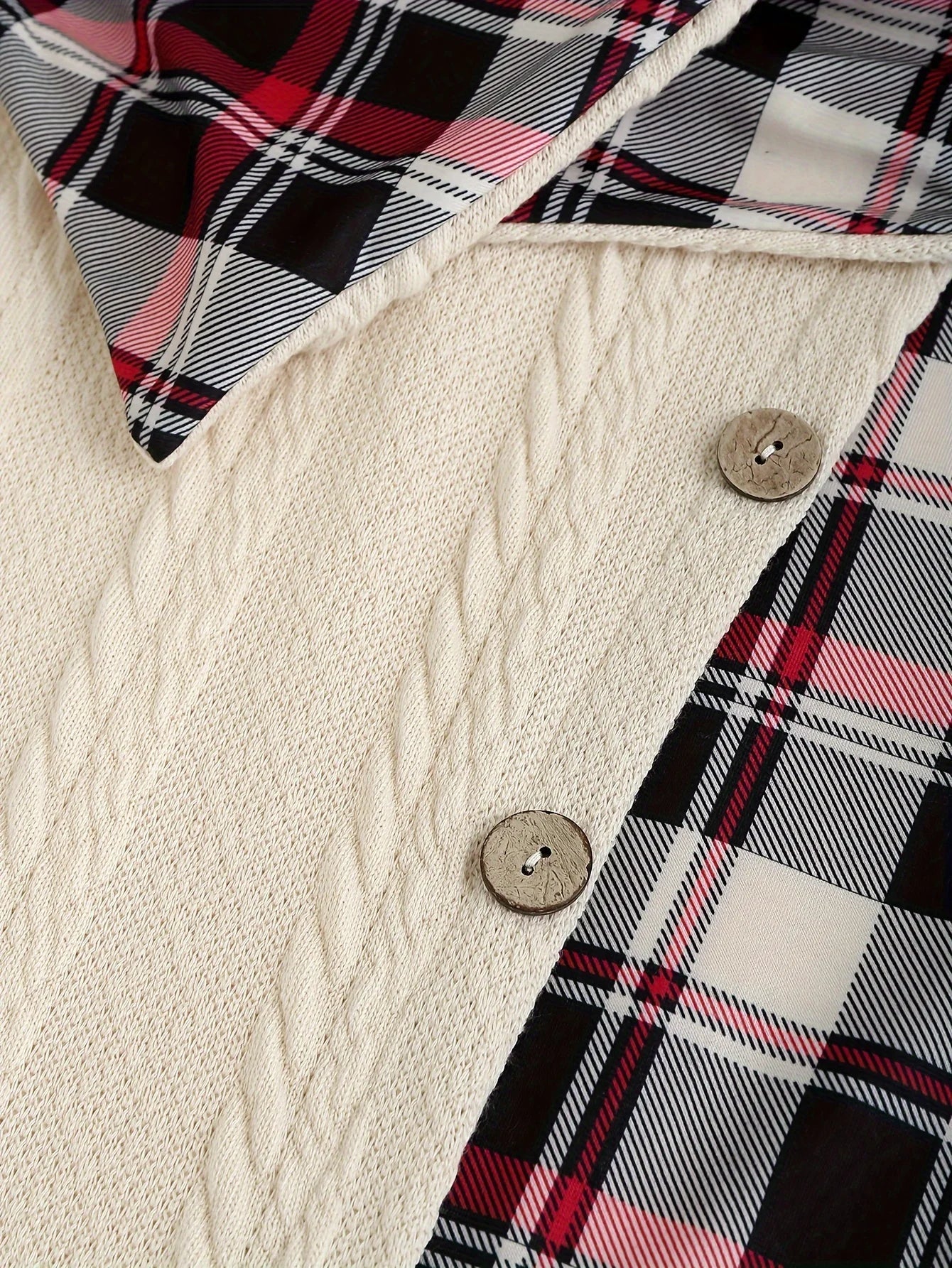 Damklänning med huva och knappdetaljer – Vintage stickad klänning med rutigt mönster, perfekt för höst och vinter