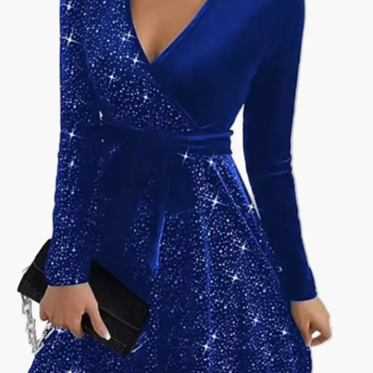 Damklänning med V-ringning och A-linje, festlig stil för kväll och party