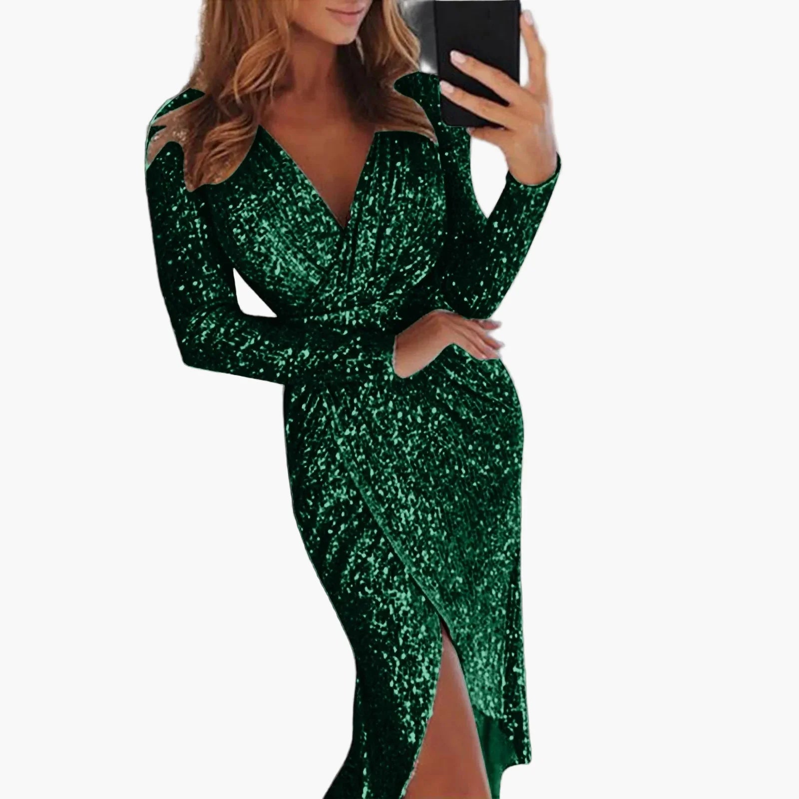 Dam Elegant Djup V-ringad Paljettklänning Med Omlott och Långa Ärmar För Fest och Kvällsbruk