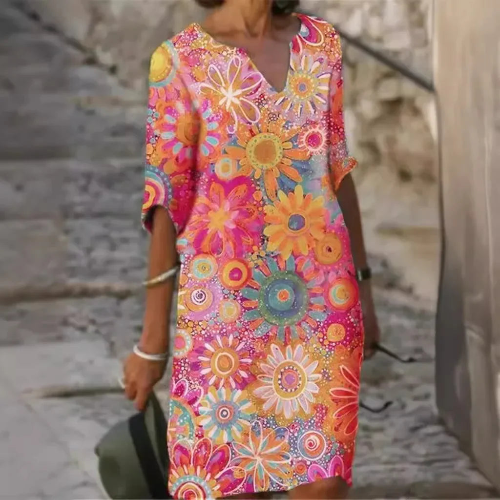 Christina – Konstnärlig Bambuklänning med V-ringning