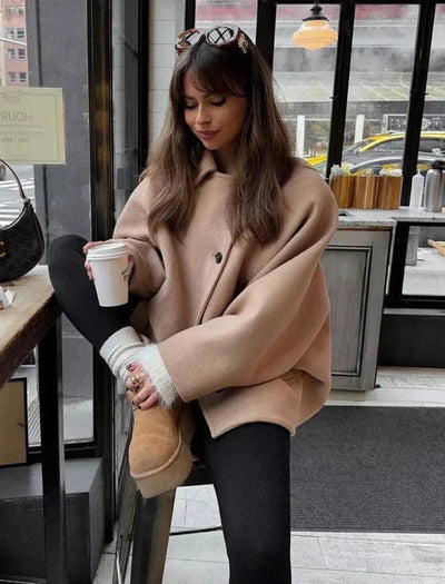 Women’s Oversized Button-Front Coat – Wide Sleeve Short Jacket