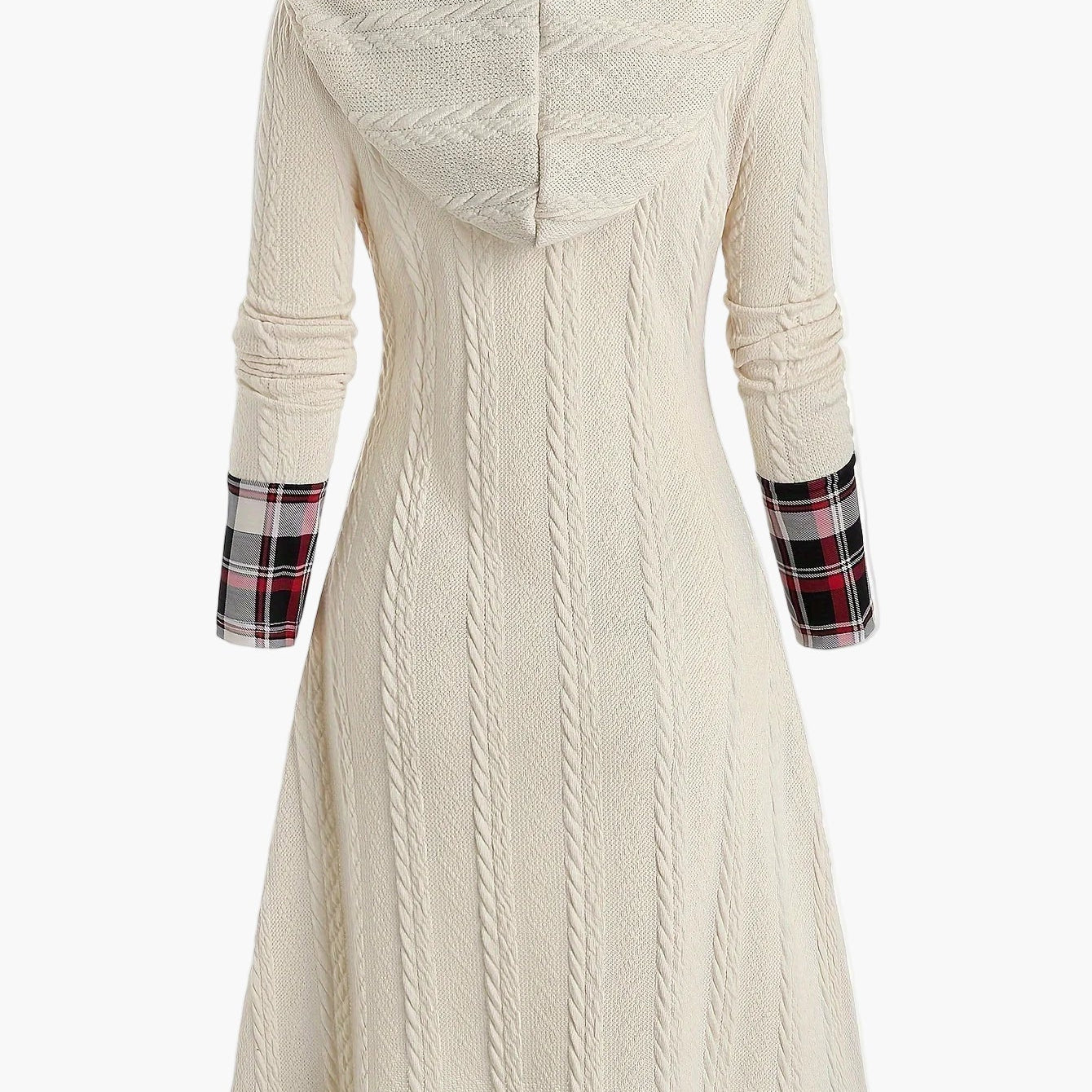 Damklänning med huva och knappdetaljer – Vintage stickad klänning med rutigt mönster, perfekt för höst och vinter