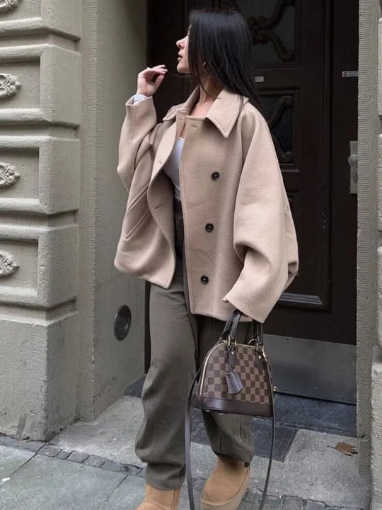 Women’s Oversized Button-Front Coat – Wide Sleeve Short Jacket