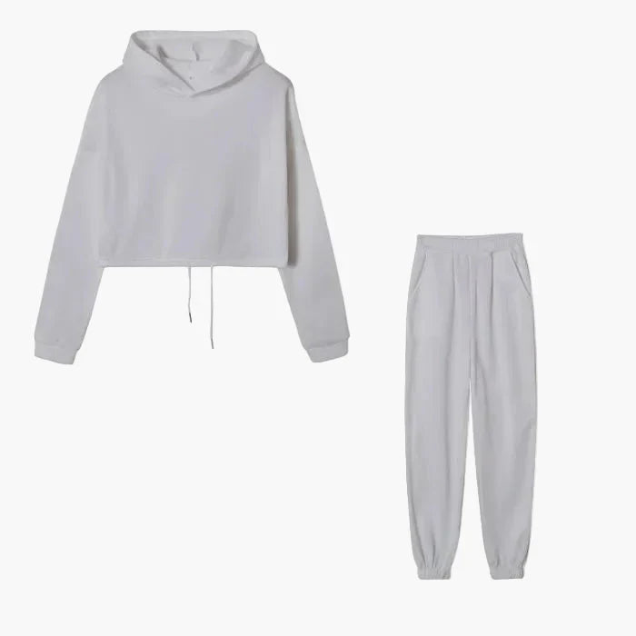 Dam Lounge-set med Kort Hoodie och Joggingbyxor – Trendig Vardagsstil och Mys