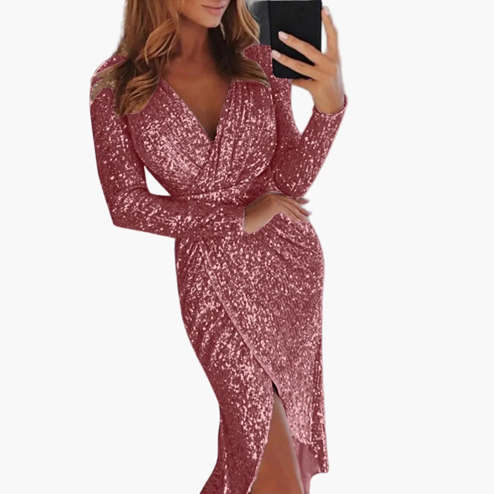 Dam Elegant Djup V-ringad Paljettklänning Med Omlott och Långa Ärmar För Fest och Kvällsbruk