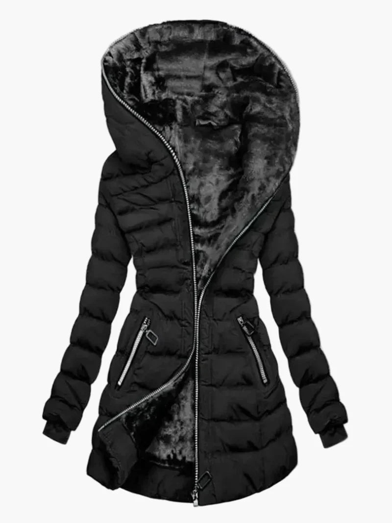 Dam Vinterjacka med Fuskpälsfoder och Stor Huva – Elegant Lång Parkas för Kallt Väder