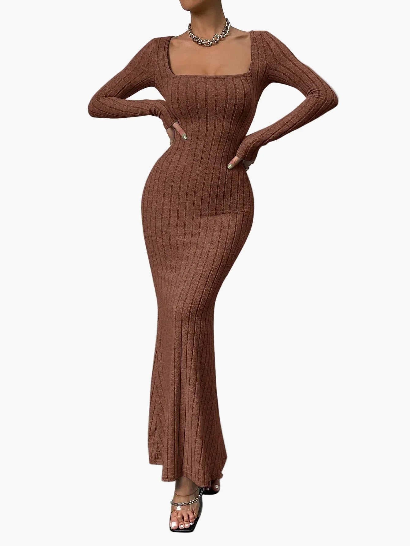 Damers stickad långärmad bodycon maxiklänning – elegant vardagsklänning